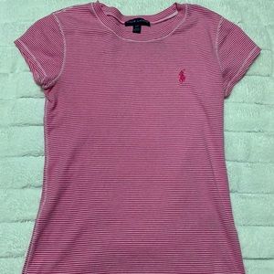 Striped pink and white polo shirt